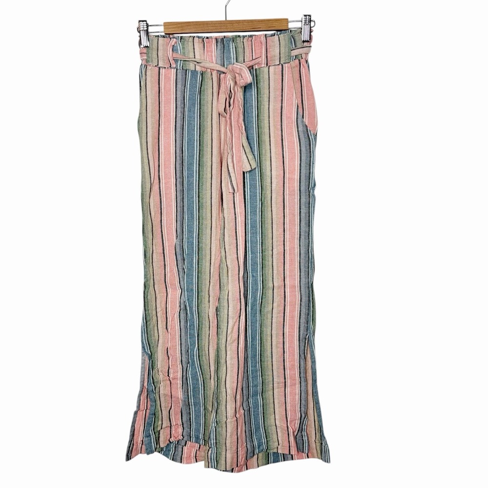 Striped Wide Leg Linen Blend Cropped Pants Womens Size Small Coastal Boho Beachy
